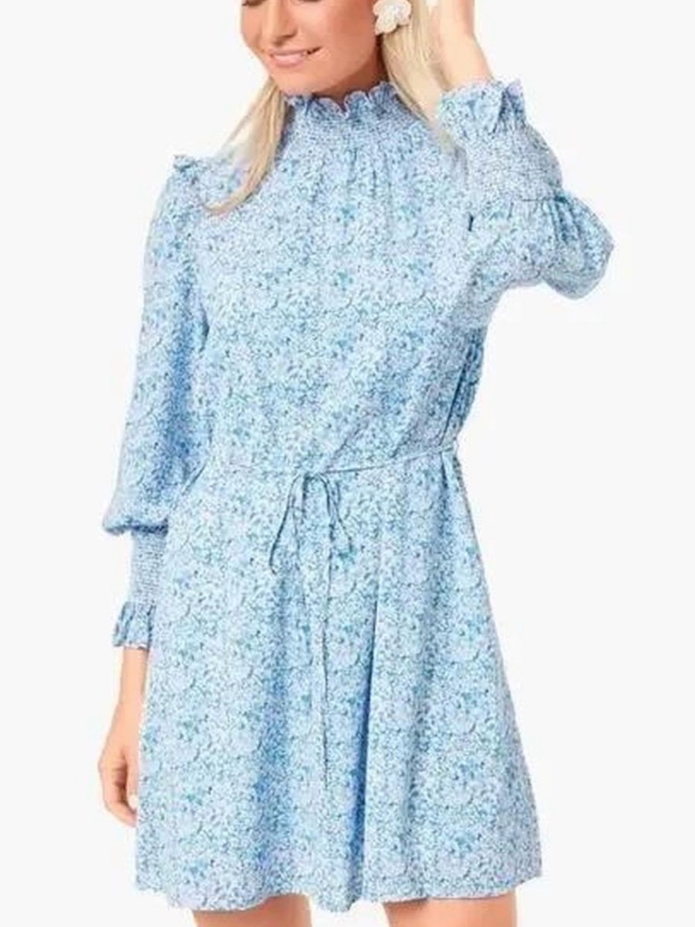 Pomander Place Sky Blue Floral Smocked-Neck Long Sleeve Dress